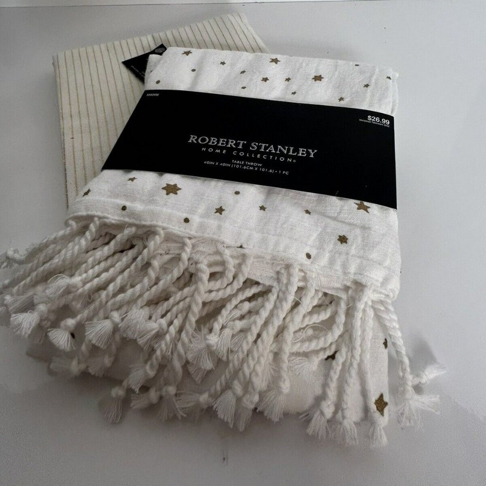 2 NWT Robert Stanley Home Collection Table Throws White and Gold Table Clothes